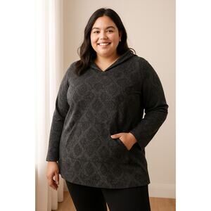 Casual Cozy Boho Print Hoodie Tunic Livi Black Gray Plus Size 18/20